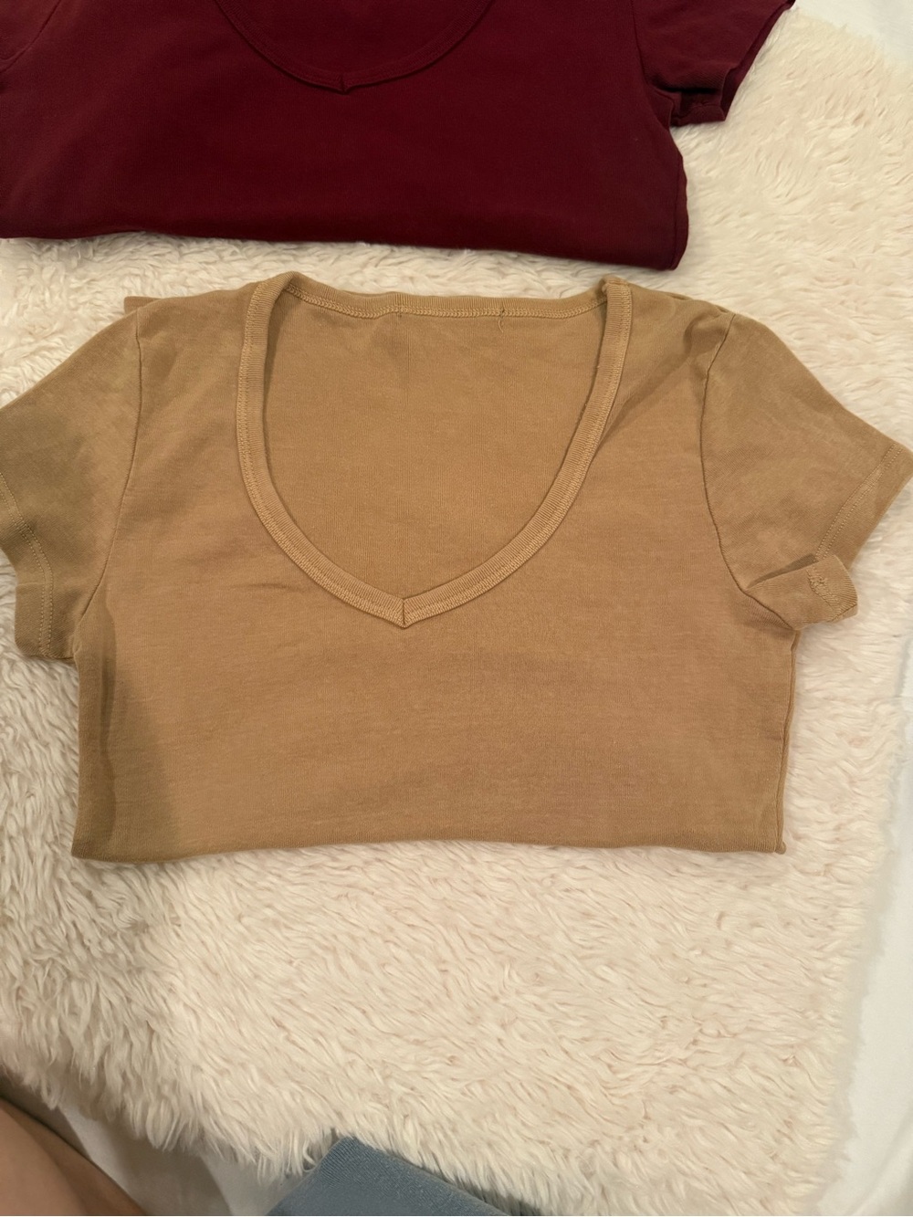 Brandy Melville Tan V-Neck Crop Top with Burgundy Accent